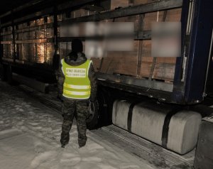 Fot. MOSG Funkcjonariusz SG przy naczepie, w której ujawniono tytoń i papierosy.